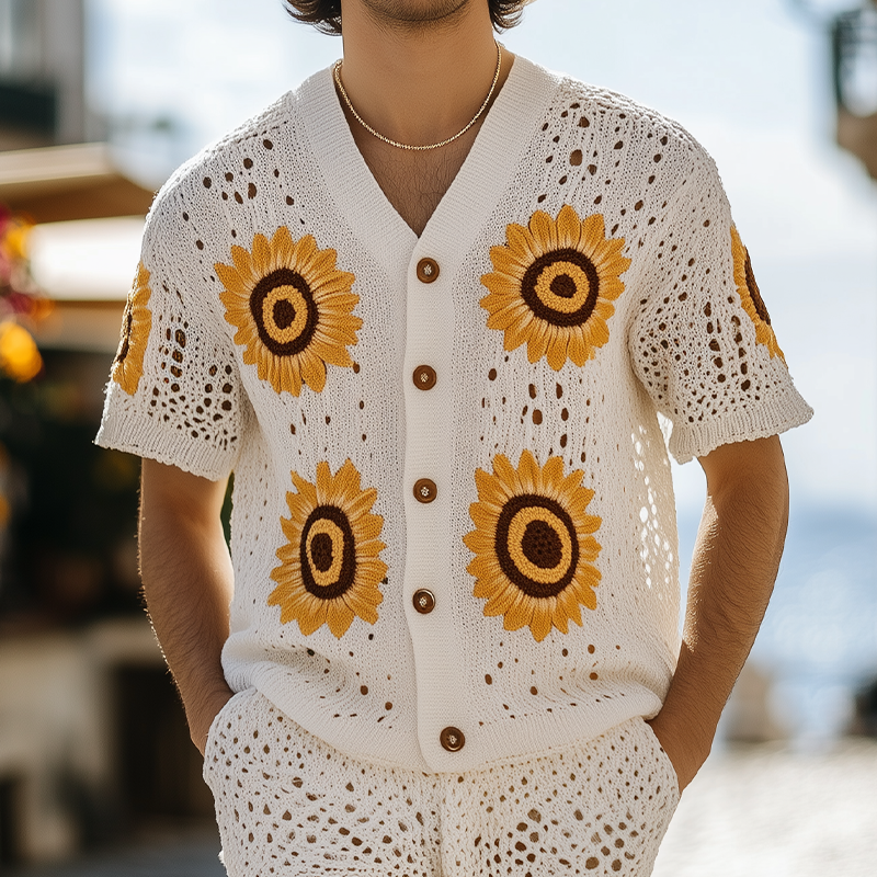 Men's Spring And Summer Fashion Leisure Vacation Style Knitted Hollow Flower Short-sleeved Shirt Elastic Waist Shorts Set MTA2167F2K