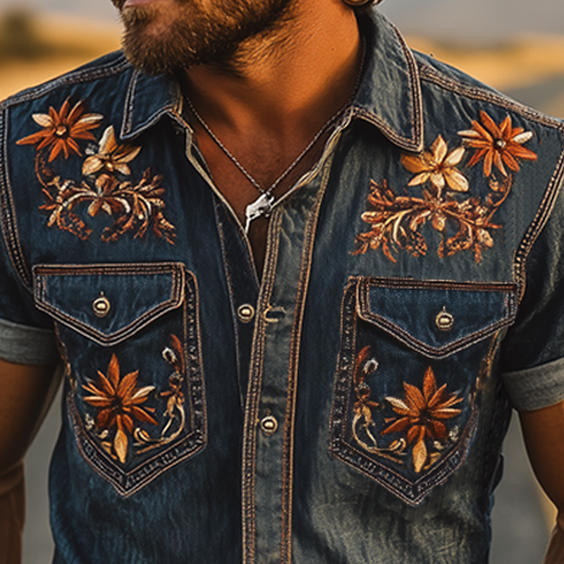 Men's Summer Fashion Classic Retro Western Cowboy Style Embroidered Denim Short-sleeved Shirt  MTA2898D2K
