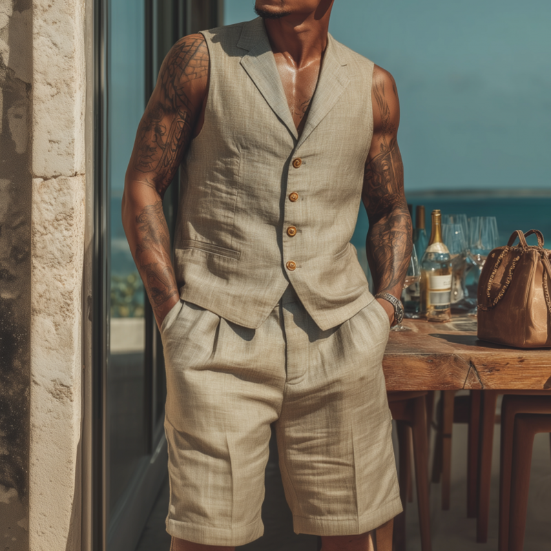 Herre casual pustende ensfarget bomulls- og lin-sett med hakkslag, enkeltspent slim-fit dressvest-shorts MTA1802F7M
