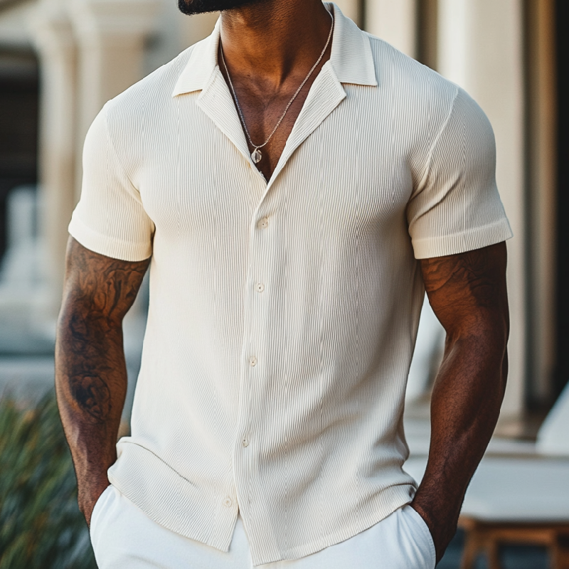 Men's Casual Ribbed Lapel Slim Fit Single Breasted Short Sleeve Shirt 46666671M