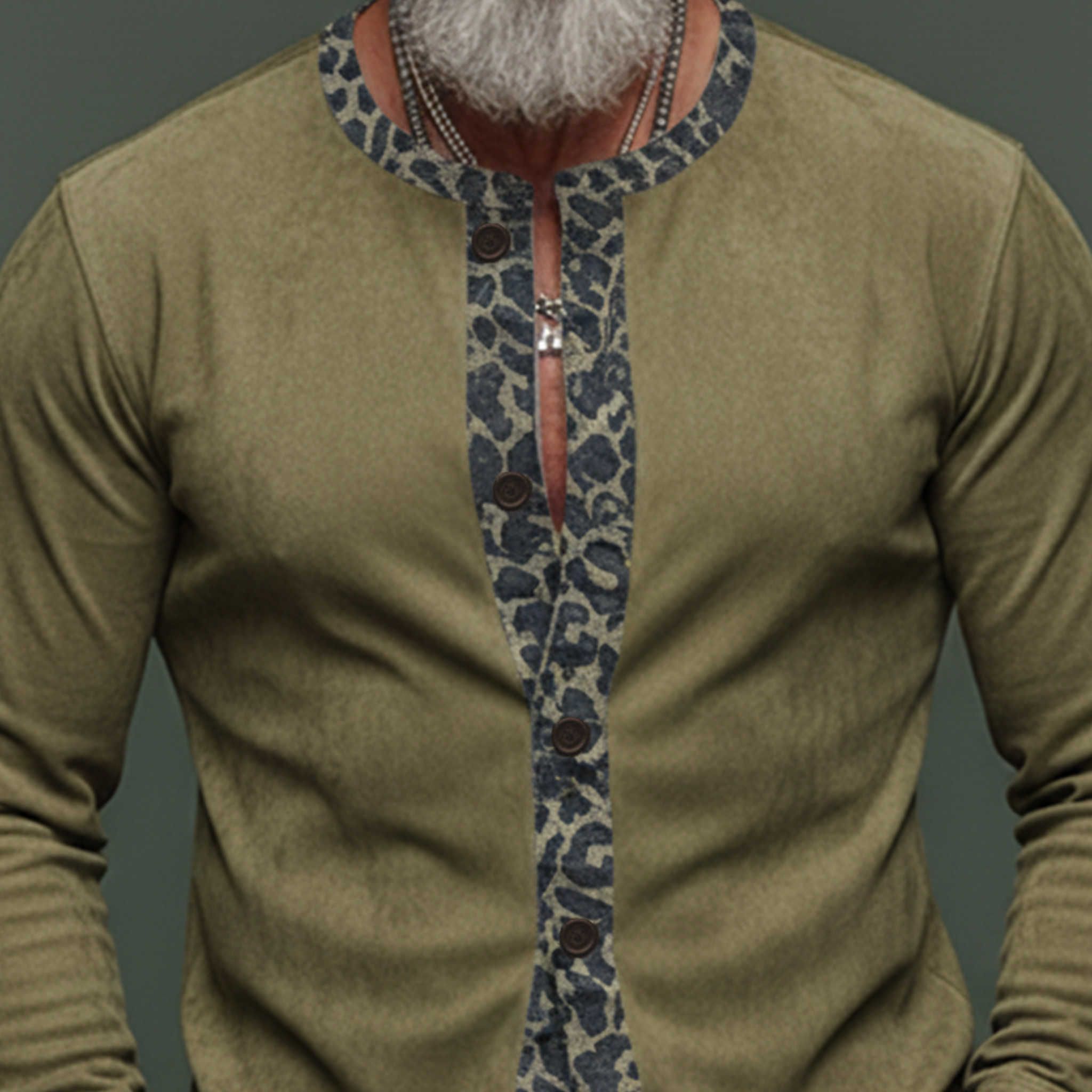 Men's Classic Casual Denim Jacquard Leopard Print Patchwork Faux Suede Long-Sleeve Shirt MTA1230L3K