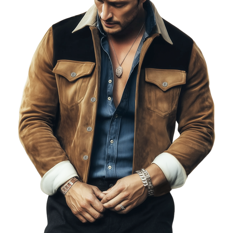 Men's Spring And Autumn Retro Colorblock Suede Jacket MTA2764H1U