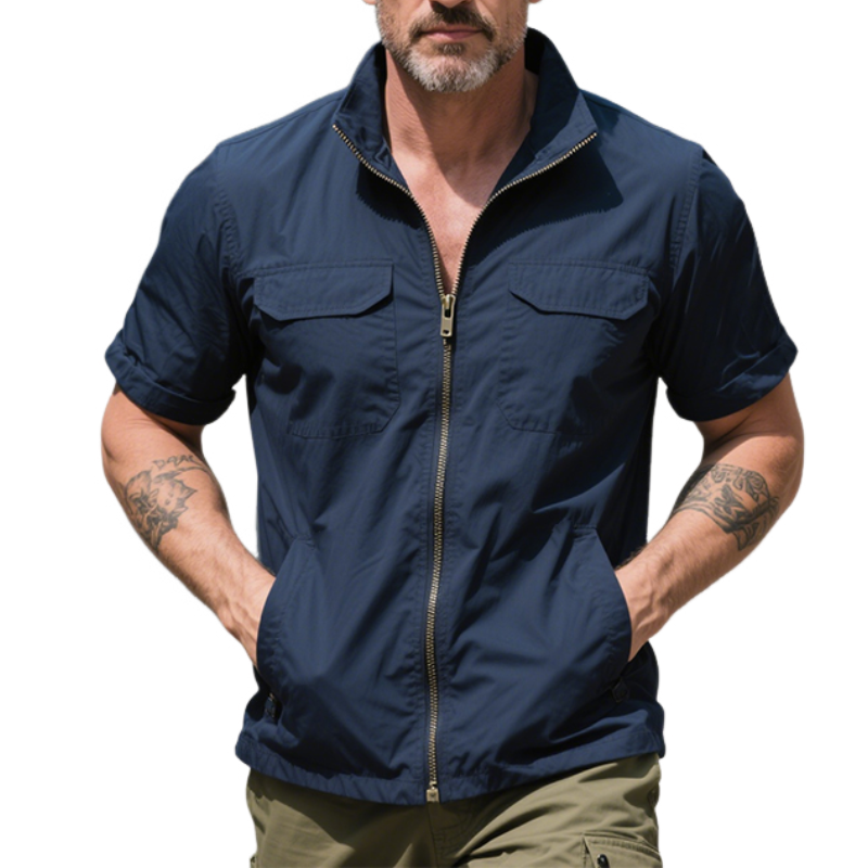 Men's Retro Casual Solid Color Zipper Workwear Lapel Short Sleeve Shirt MTA1461E4TO