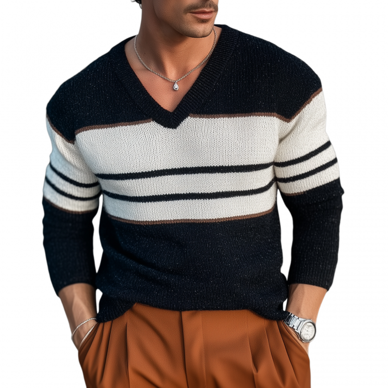 Men's Casual Colorblock V-neck Loose Pullover Knitted Long-sleeved Sweater MTA0161H9M