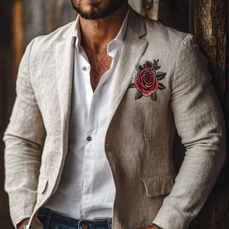 Men's Casual Rose Embroidery Single Breasted Linen Blazer 92995768K