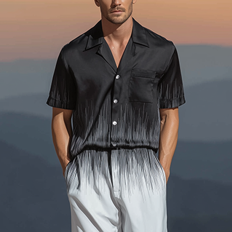 Men's Spring And Summer Fashion Casual Black And White Gradient Printed Satin Short Sleeve Shirt Pants Set MTA1077G0K