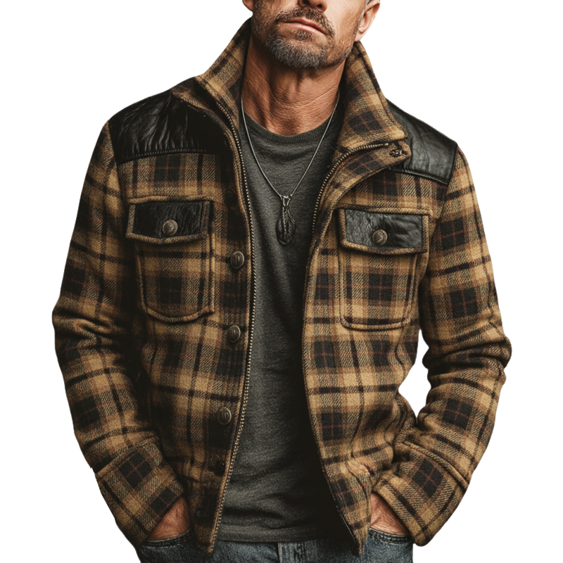 Men's Urban Plaid Faux Wool Blend And PU Leather Patchwork Stand-collar Jacket MTA2548K5U