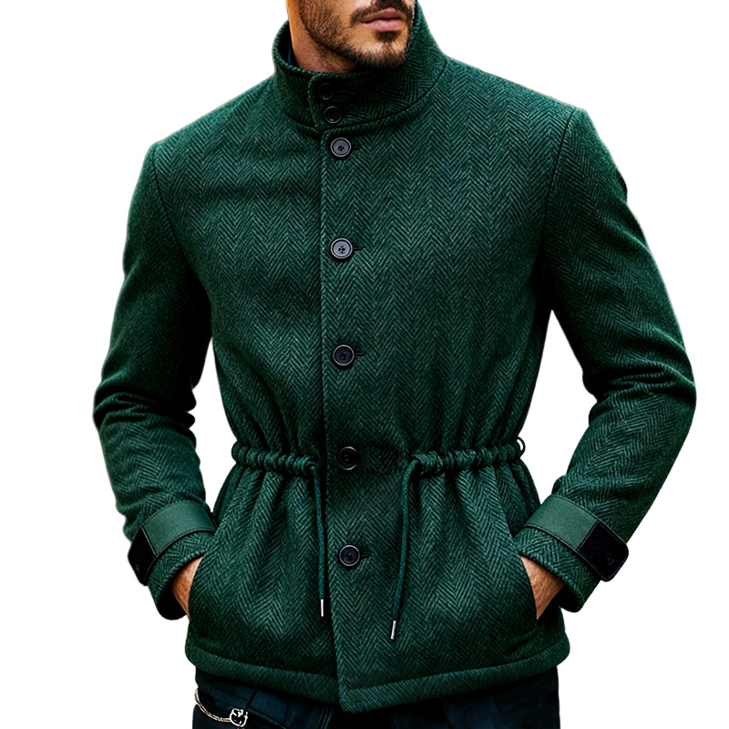 Men's Retro Casual Herringbone Drawstring Stand Collar Jacket MTA1451K1TO