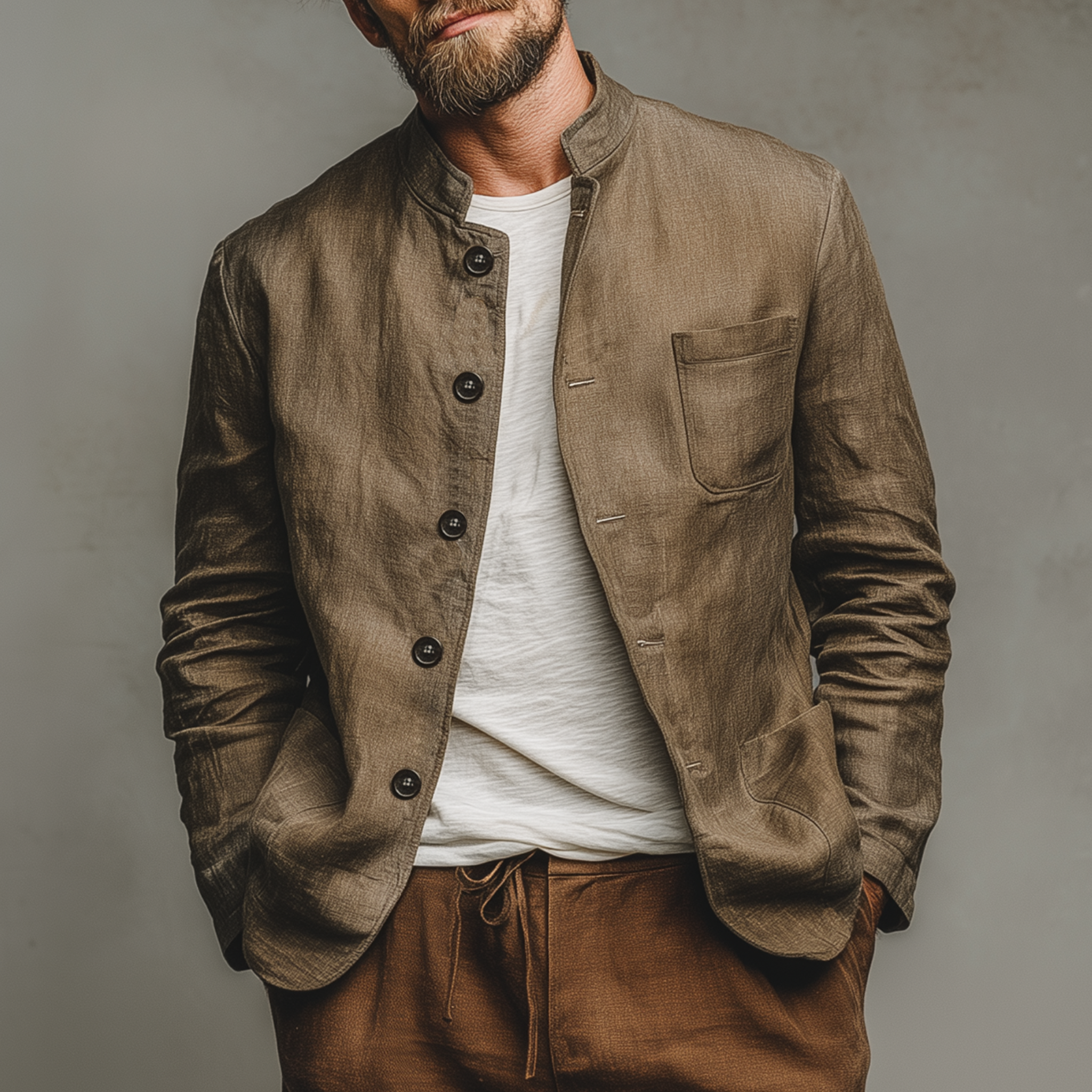 Men's Classic Casual Stand-up Collar Cotton And Linen Multi-pocket Thin Jacket MTA2596G7K