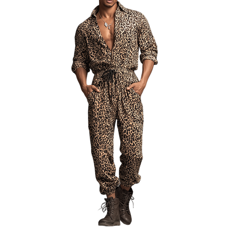 Men's Retro Casual Leopard Print Lapel Long Sleeve Shirt Jumpsuit MTA0421H8TO