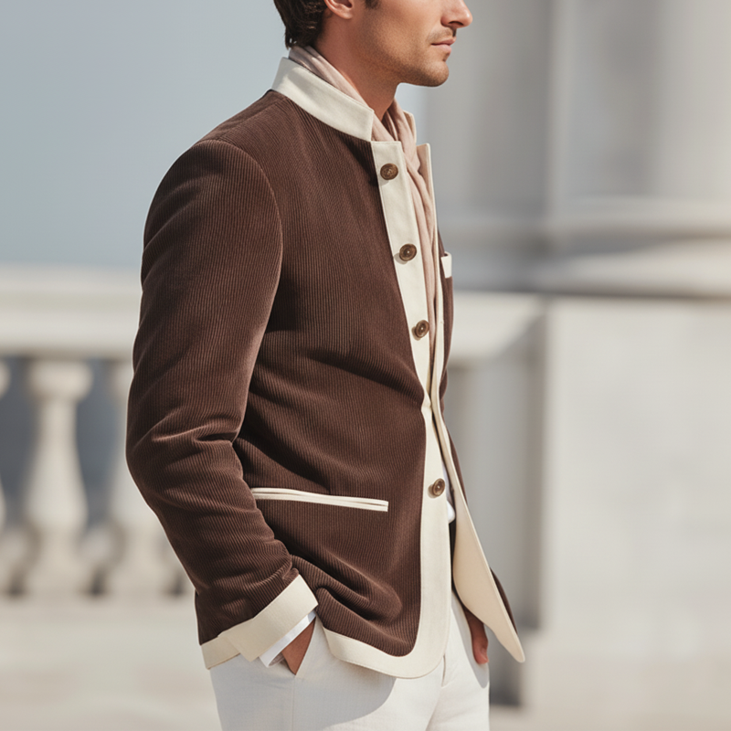 Men's Urban Corduroy Color-Blocked Stand Collar Double Slit Jacket MTA2188K3U