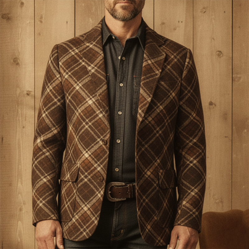 Men's Winter Retro Diamond Pattern Faux Wool Button Suit Jacket MTA2112K0P