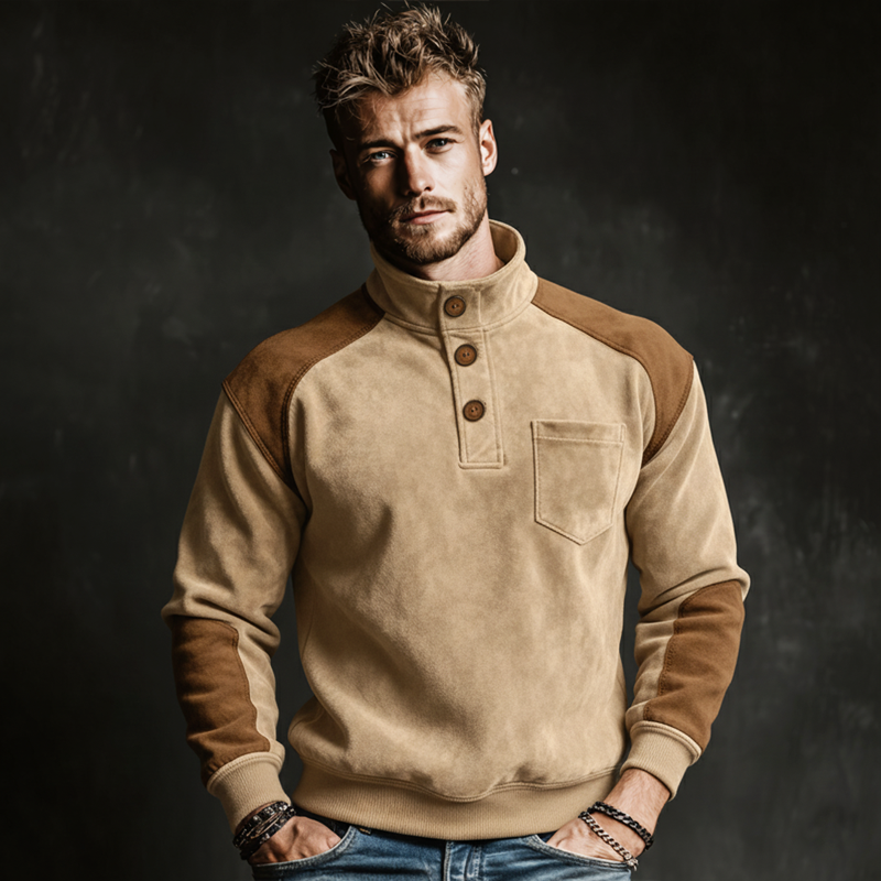 Men's Classic Three-button Stand-collar Color-block Faux Suede Sweatshirt MTA2915L2U