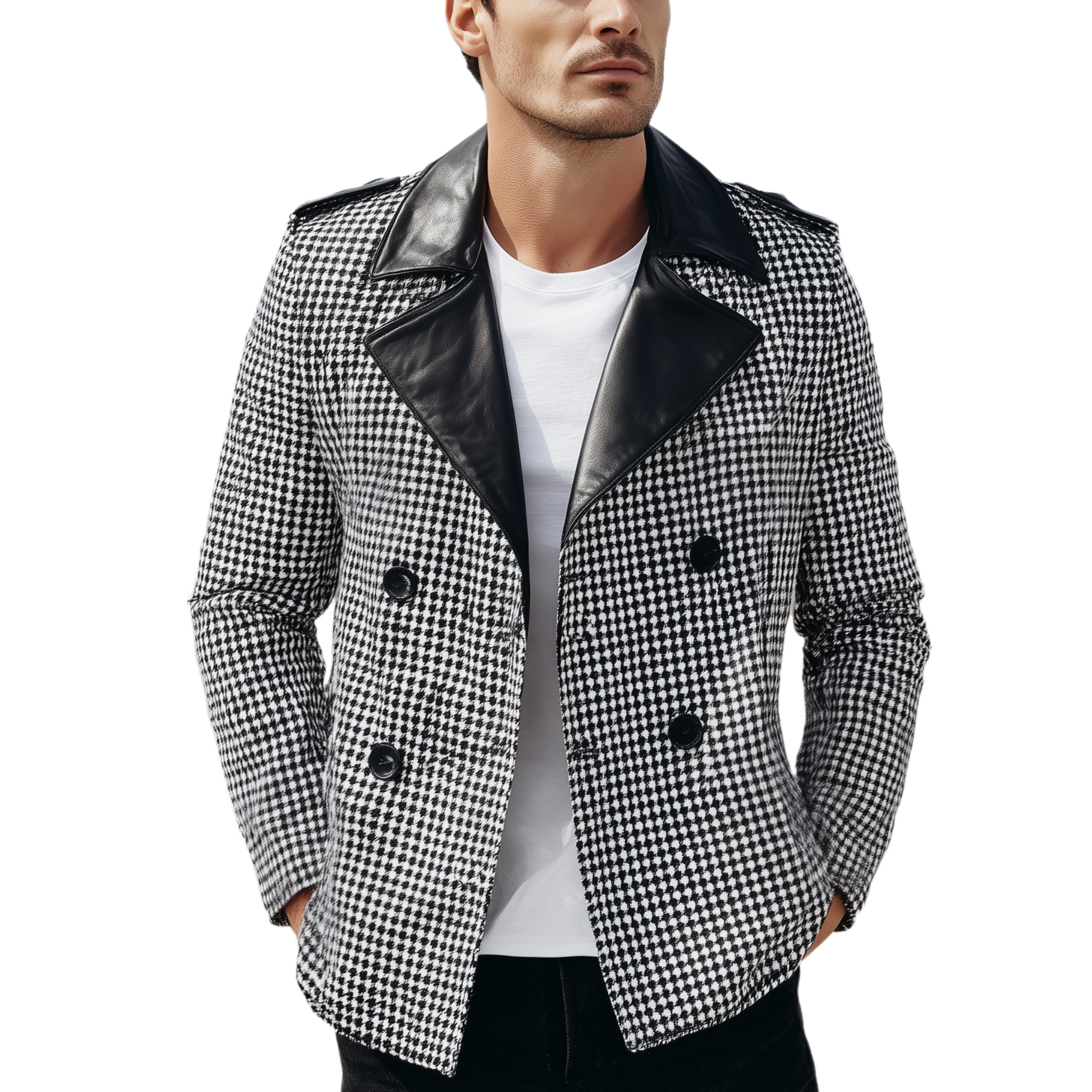 Men's Classic Casual Lapel PU Leather Double-breasted Houndstooth Fabric Jacket MTA0184I5K