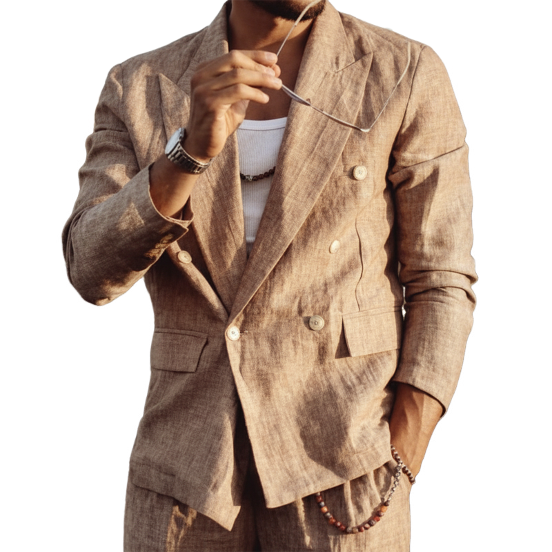 Men's Classic Urban Style Cotton And Linen Double-Breasted Single-Vented Blazer MTA3034L6U
