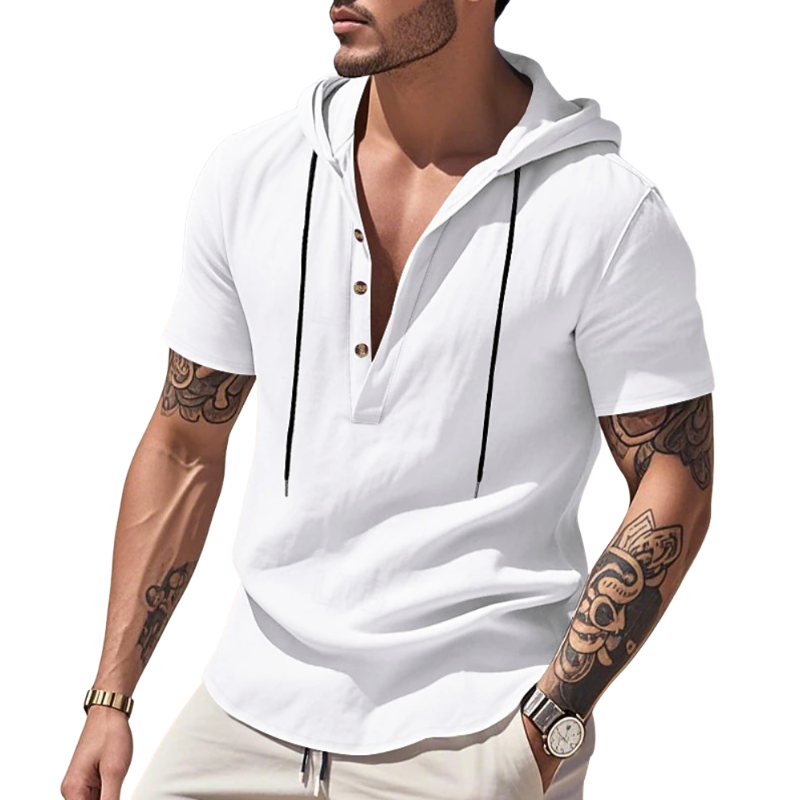 Men's Casual Solid Color Breathable Cotton Henley Collar Hooded Slim Fit Short Sleeve T-Shirt MTA0630E7M