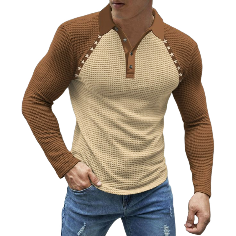Men's Colorblock Waffle Texture Long Sleeve Polo Shirt MTA0434H9U