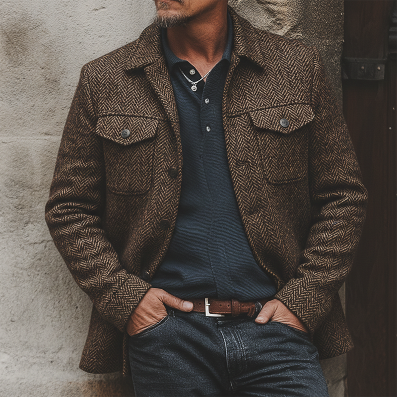 Men's Retro Classic Herringbone Lapel Single Vent Faux Wool Jacket MTA3141J6U