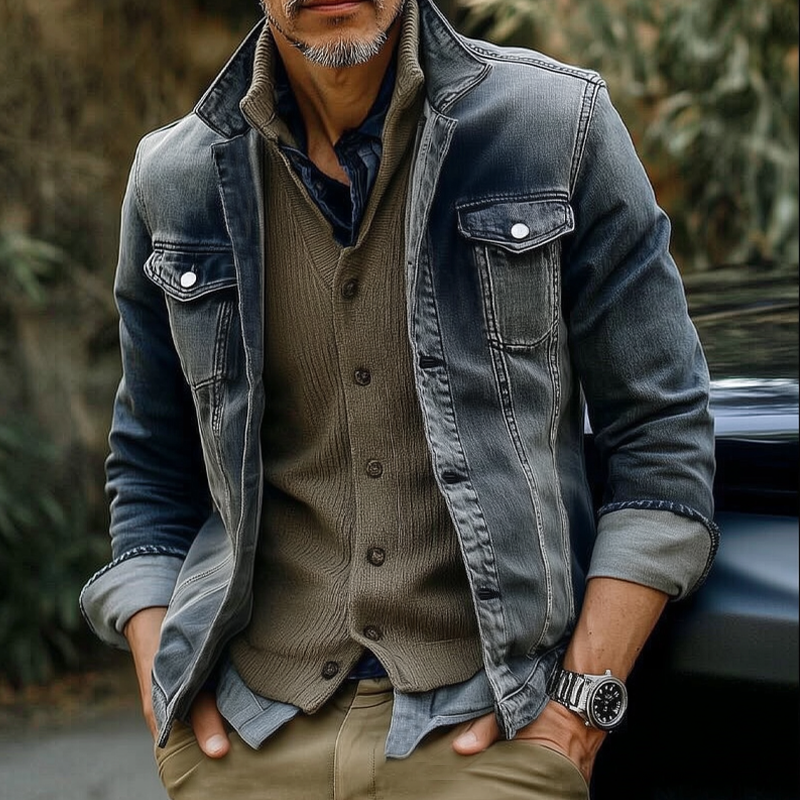 Men's Vintage Faded Blue Lapel Button-Down Denim Jacket MTA3092H1U