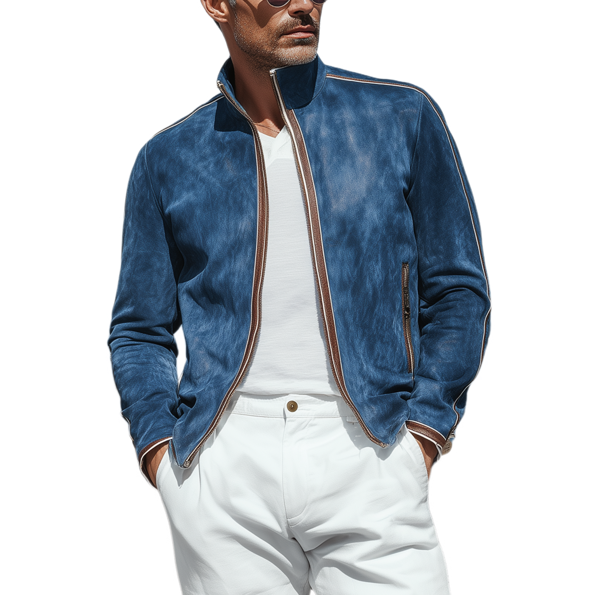 Men's Classic Casual Stand Collar Stitching PU Leather Zipper Suede Jacket MTA1400H0K