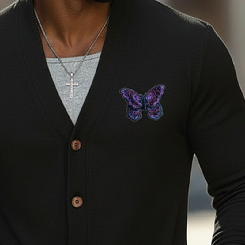 Men's Spring Fashion Butterfly Embroidery Cotton Blend Button-Up Thin Cardigan MTZ0703A0P