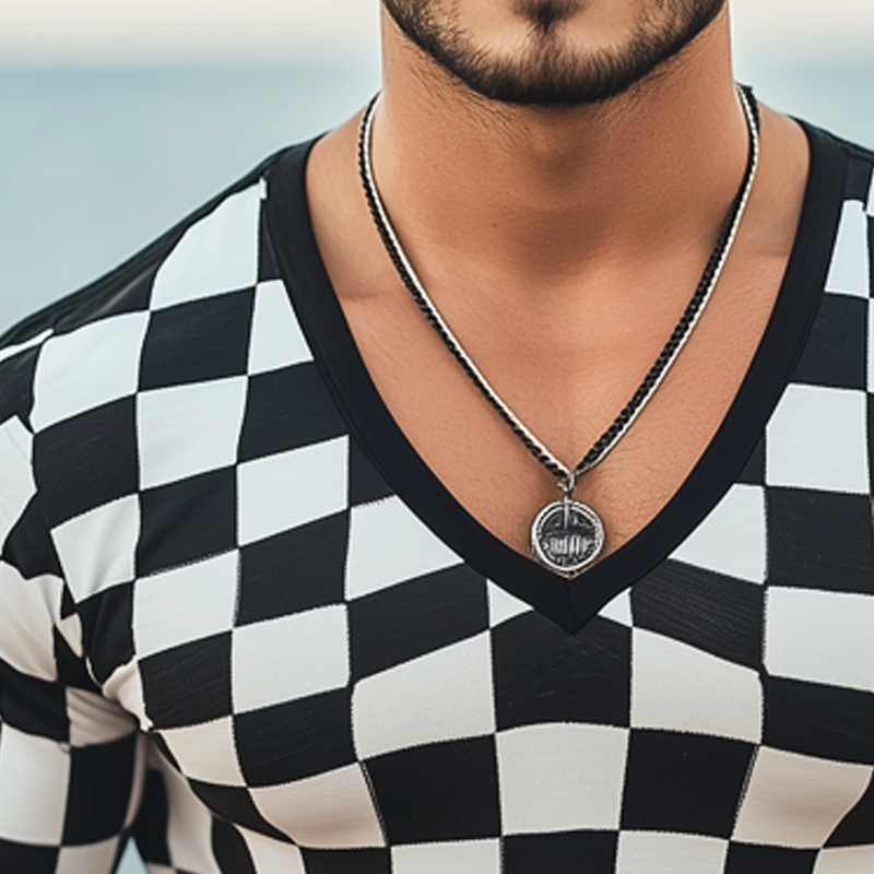 Men's Classic Checkerboard Deep V Neck Long Sleeve T-Shirt MTA2237G6U