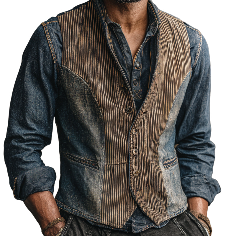 Men's Vintage Striped Splicing Denim V Neck Single Breasted Vest MTA2106H0Z