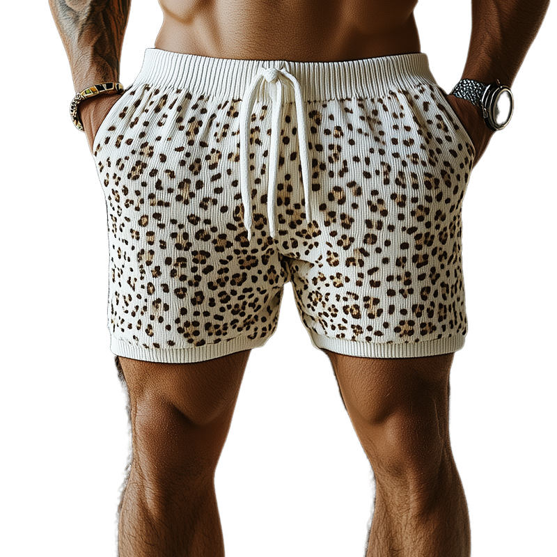 Men's Spring And Summer Fashion Casual Leopard Print Knitted Elastic Waist Shorts MTA2021F8K