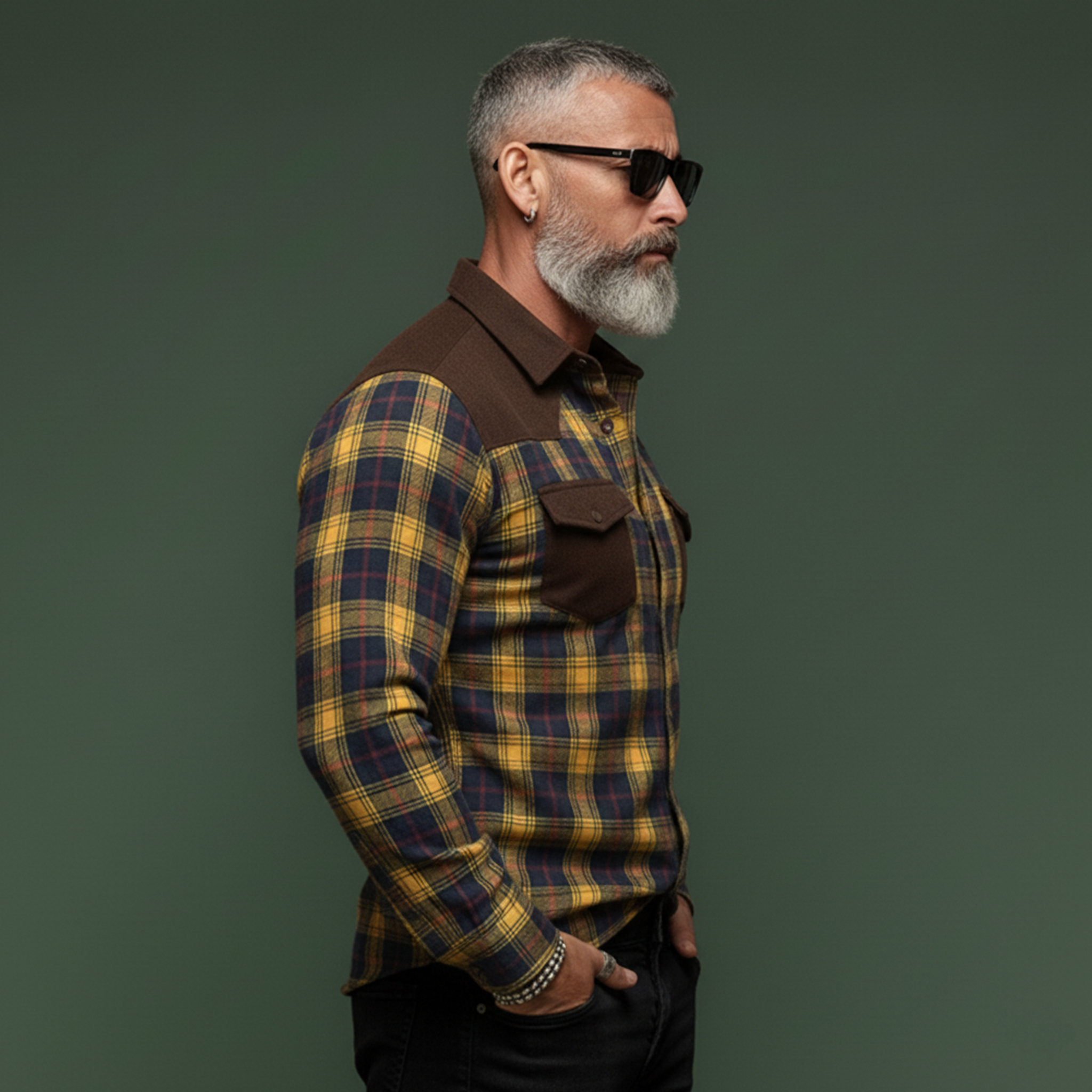 Men's Classic Casual Rugged Style Patchwork Faux Suede Slim-fit Plaid Brushed Long-sleeved Shirt MTA1370K5K