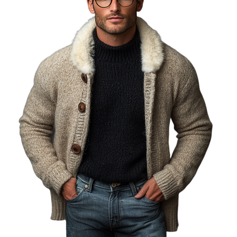 Men's Casual Faux Fur Collar Knitted Button Cardigan MTA0749K6X