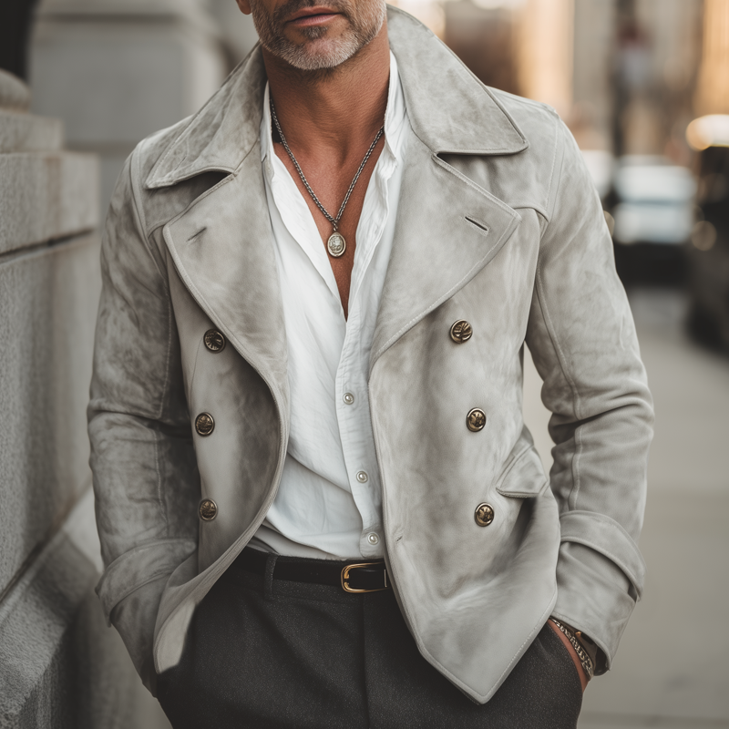 Men's Vintage Elephant Grey Notched Lapel Double Breasted Suede Jacket MTA1697H3U