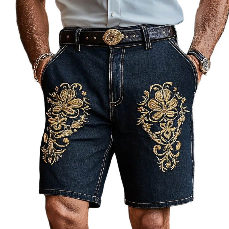 Men'S Fashion Retro Embroidered Straight Denim Shorts MTA0940E1Z
