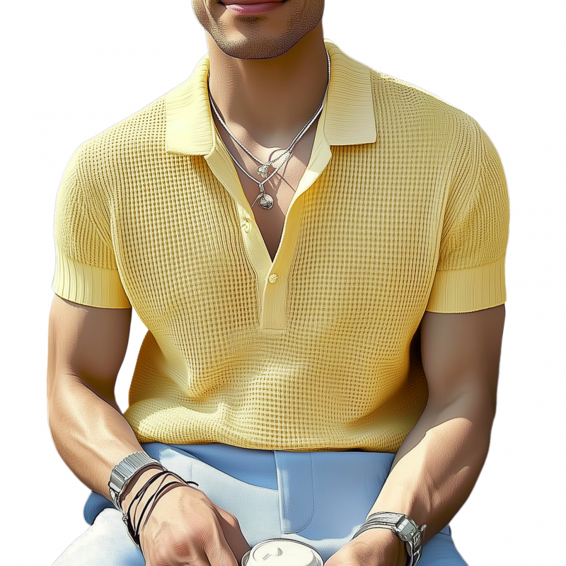 Men's Casual Solid Color Breathable Lapel Loose Knitted Short-sleeved Polo Shirt MTA2125G6M