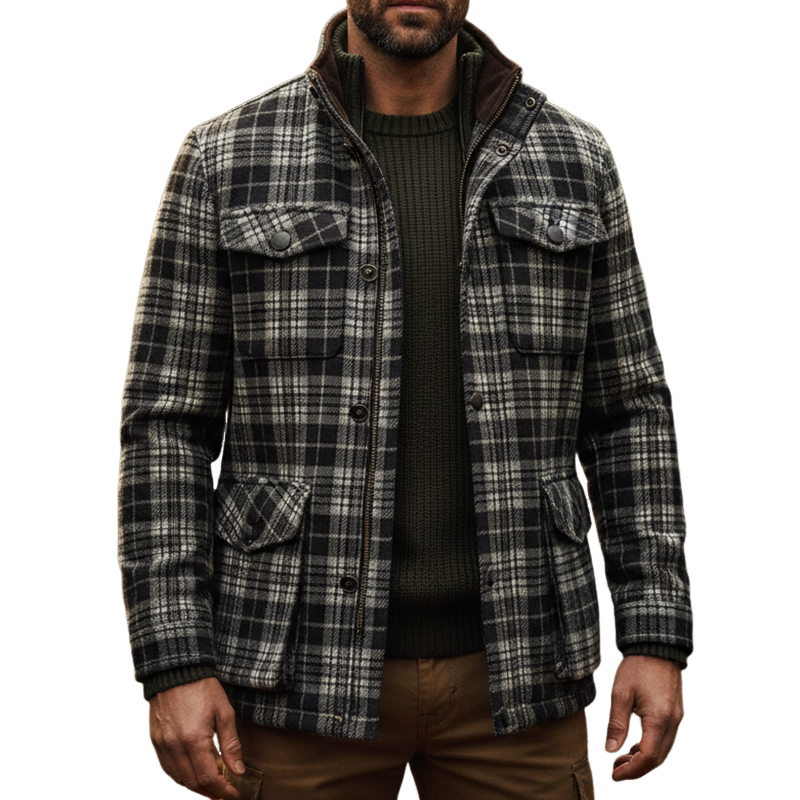 Men's Retro Casual Plaid Zipper Lapel Hunting Jacket MTA2964I7TO