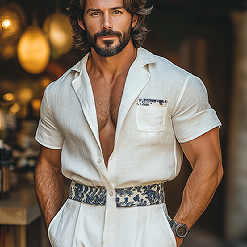 Men's Summer Fashion Casual Cotton And Linen Waist Printed Short Sleeve Shirt Style Trousers Jumpsuit MTA3098E5K