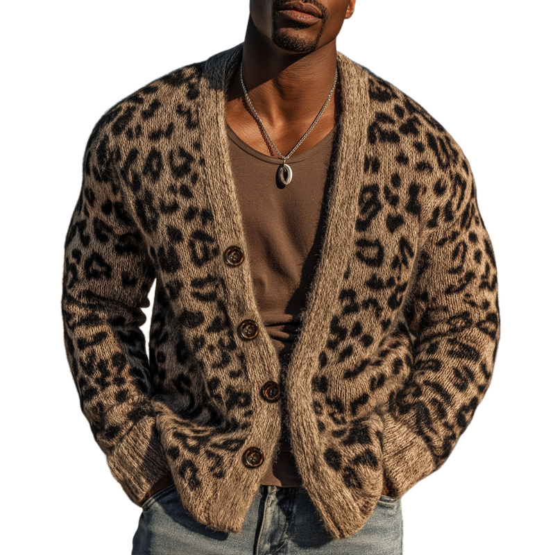 Men's Urban Warm Khaki Leopard Print Button-Down Cardigan MTA1836K6U