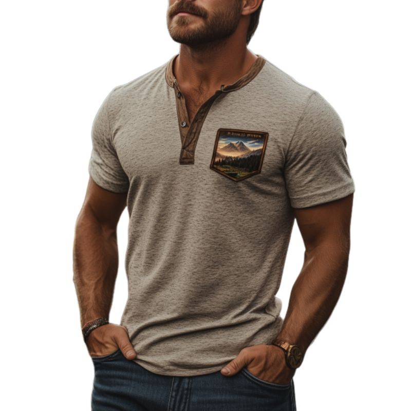 Klassisk amerikansk retro Yellowstone Park Series Henley Collar T-skjorte for menn 79800346K