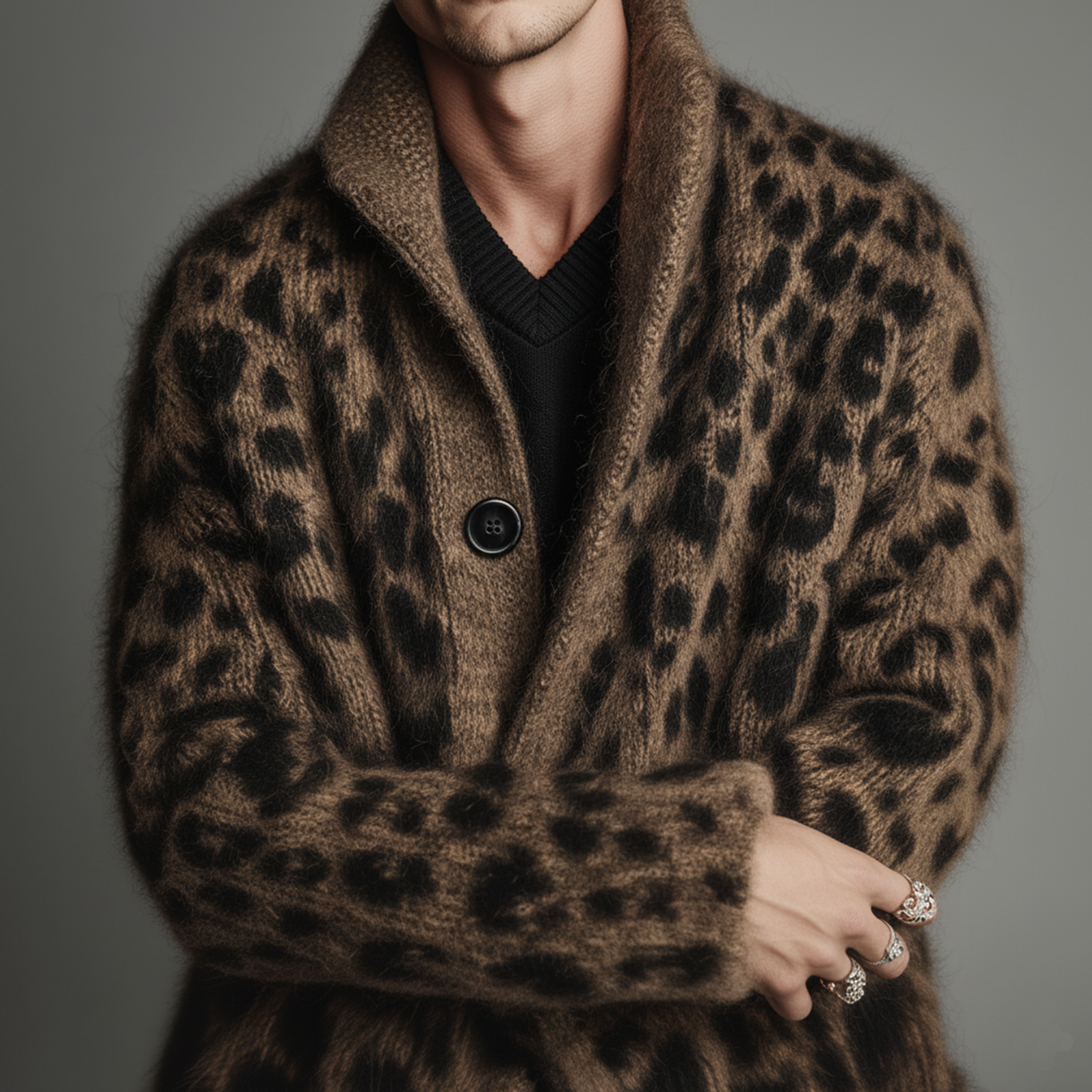 Men's Classic Casual Stand-up Collar Leopard Print Thigh-length Knitted Cardigan MTA1697J6K