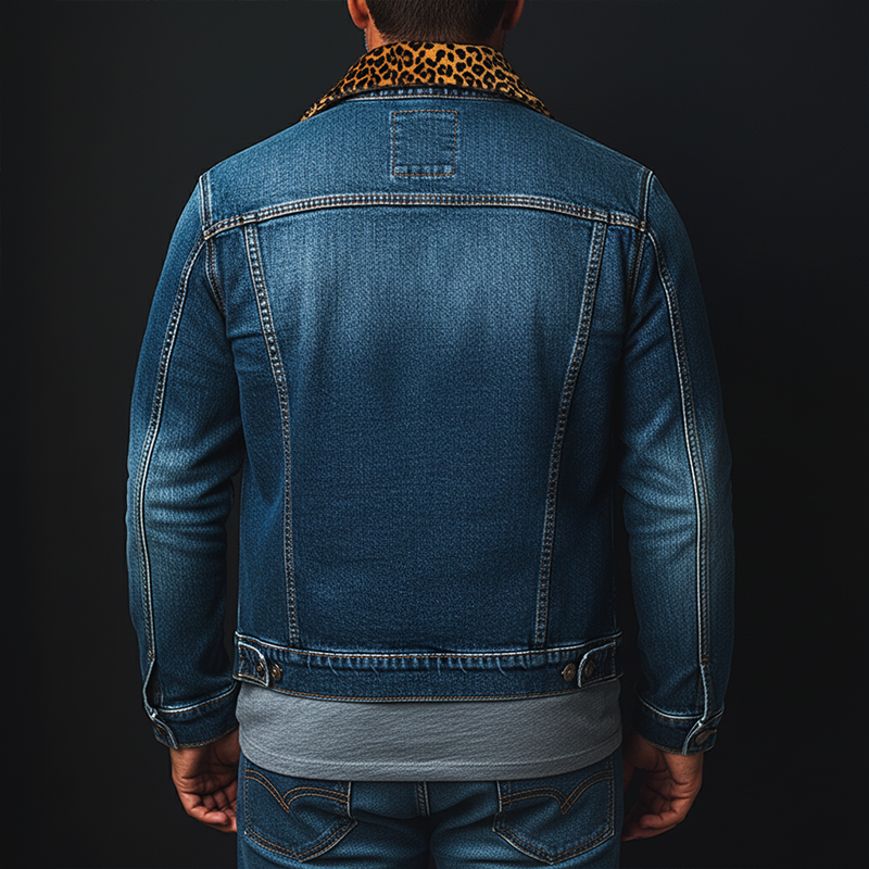 Men's Retro Leopard Print Collar Washed Denim Button Jacket MTA2636K9P