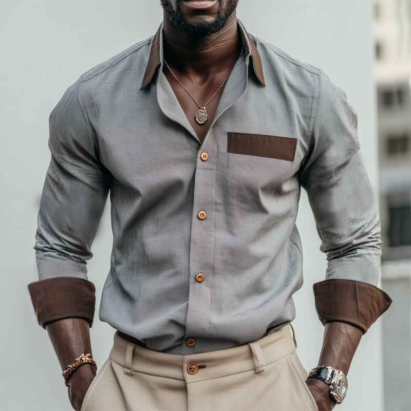 Men's Spring And Autumn Business Colorblock Long Sleeve Shirt MTA0274H9U