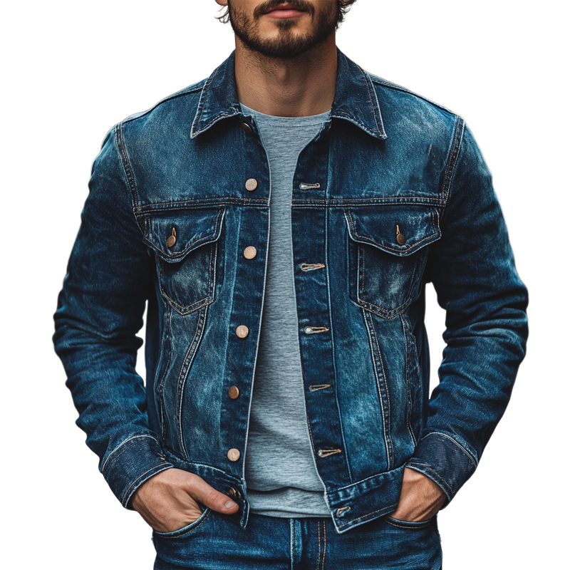 Men's Vintage Washed Lapel Western Style Denim Jacket MTA2353I2X