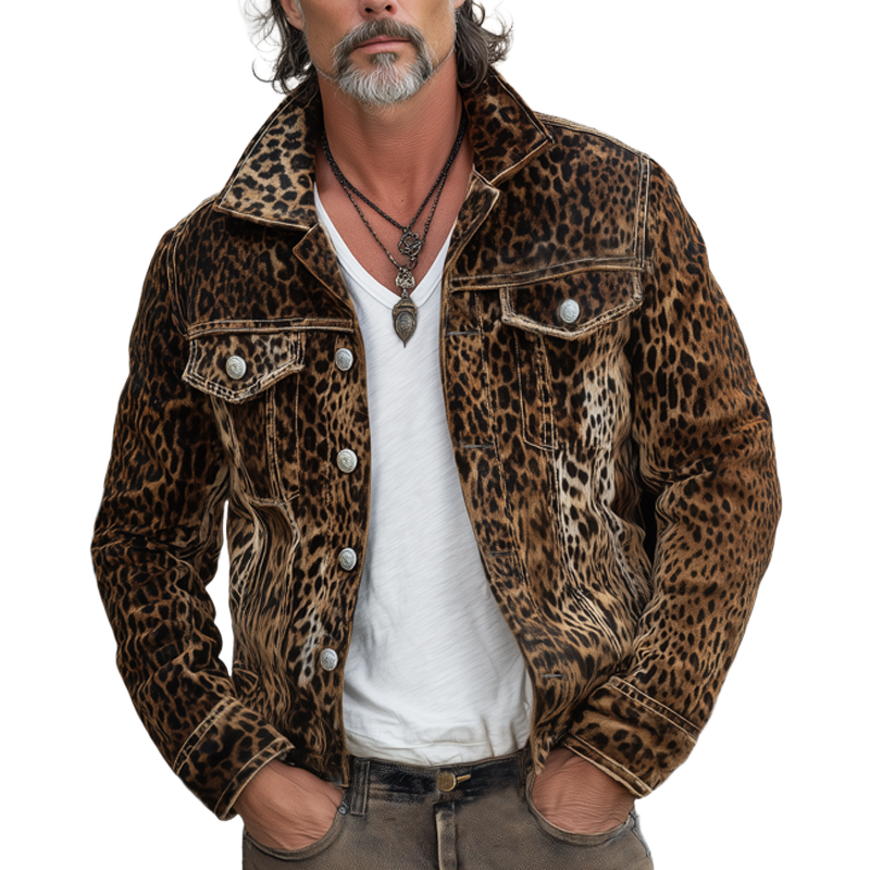 Men's Vintage Leopard Suede Lapel Button-Down Jacket MTA1451H7U