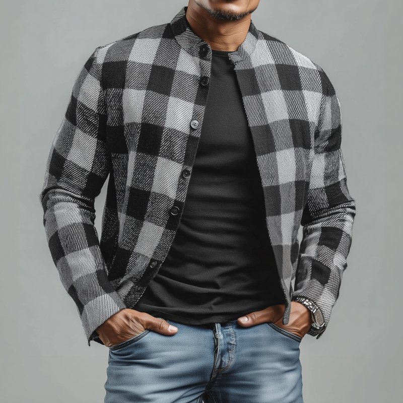 Men's Casual Classic Cotton Blend Plaid Stand Collar Single-breasted Cropped Jacket MTA2920G5M
