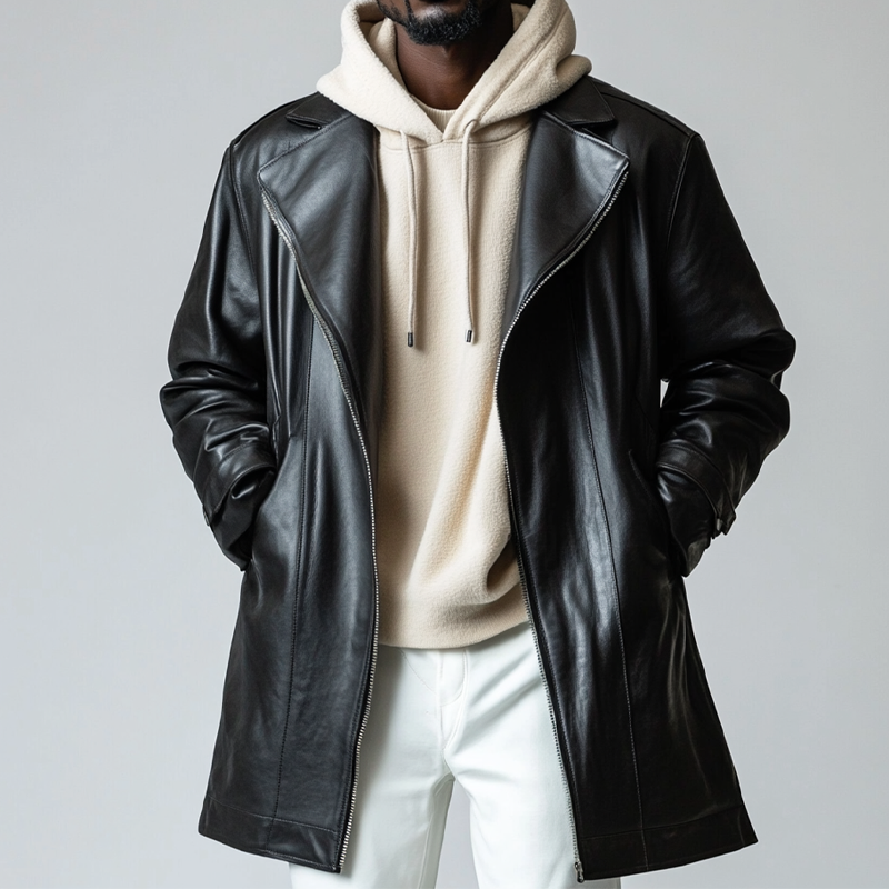 Men's Solid Color Lapel Zipper Mid-length PU Coat MTA0468L9X