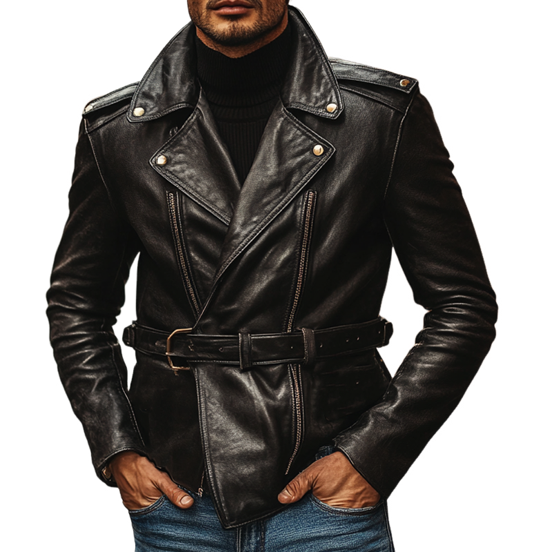 Men's Solid Color Retro Lapel PU Leather Jacket (with Belt) MTA2622I2X