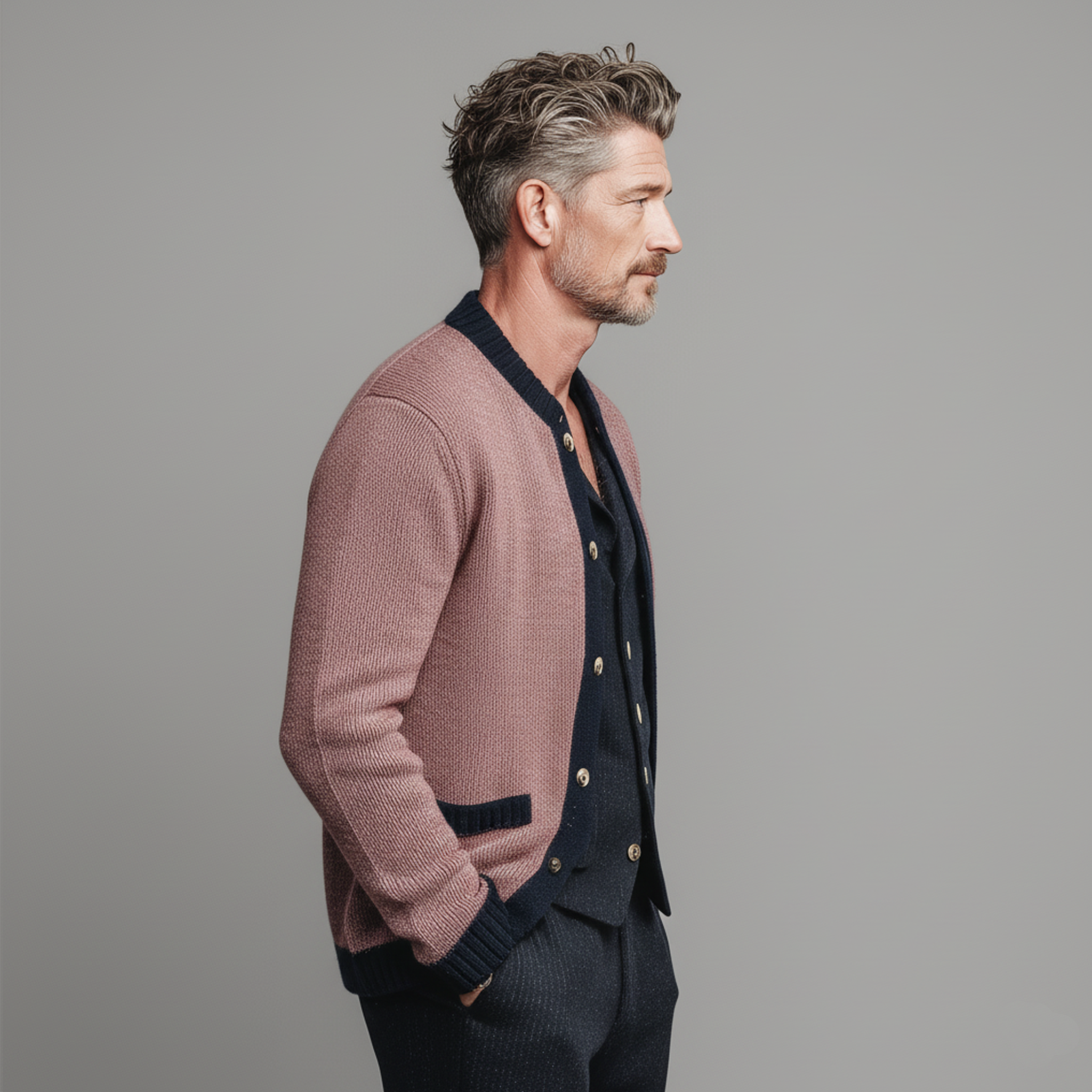 Men's Classic Casual Pink And Navy Blue Knitted Cardigan MTA2660I0K