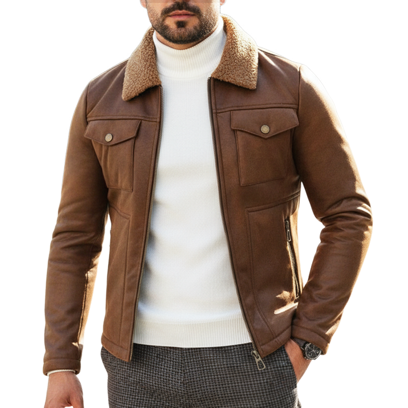 Men's Classic PU Leather And Faux Fur Collar Zip-up Jacket MTA2362I7U