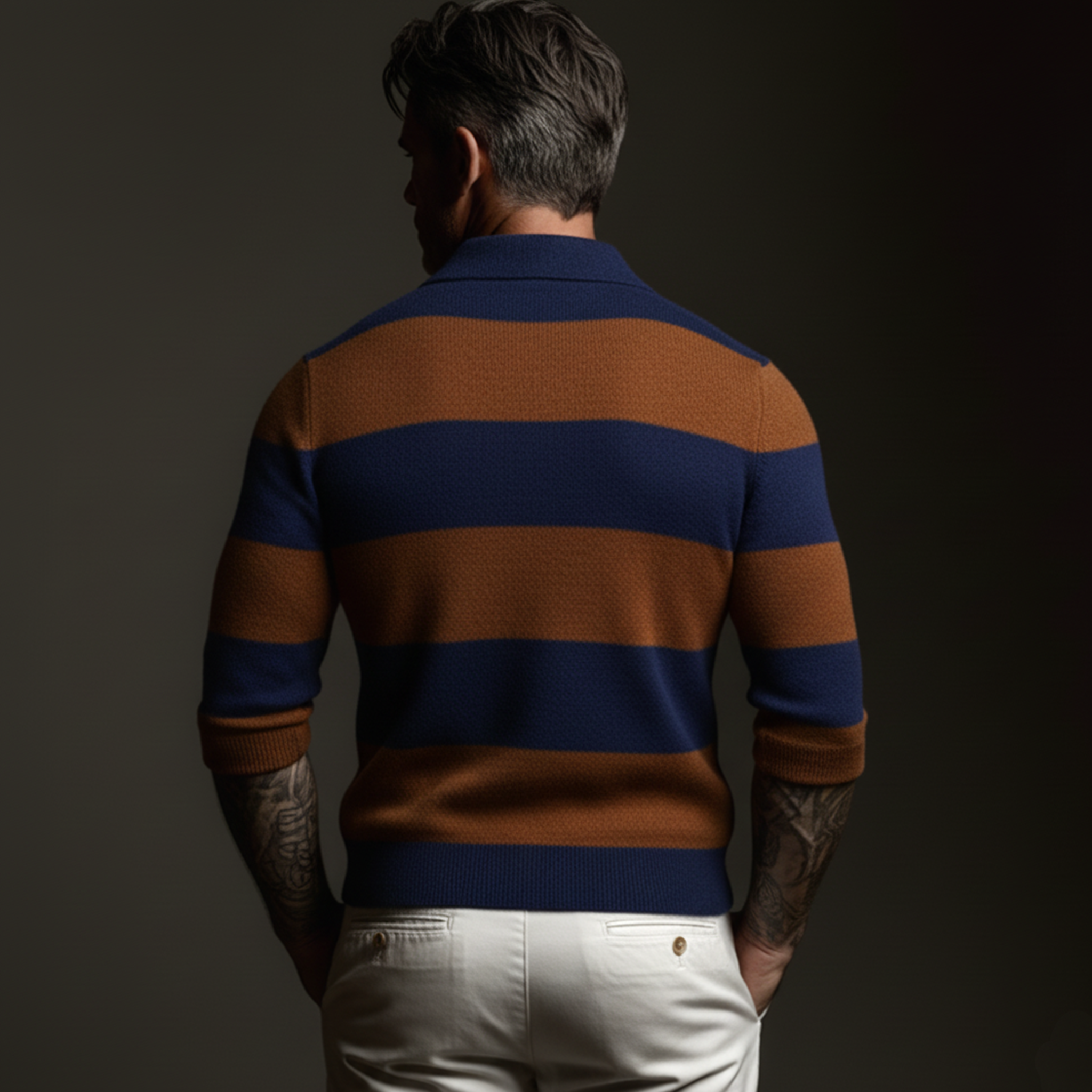 Men's Classic Casual Color-blocked Striped Polo Collar Slim Fit Sweater MTA0752K1K