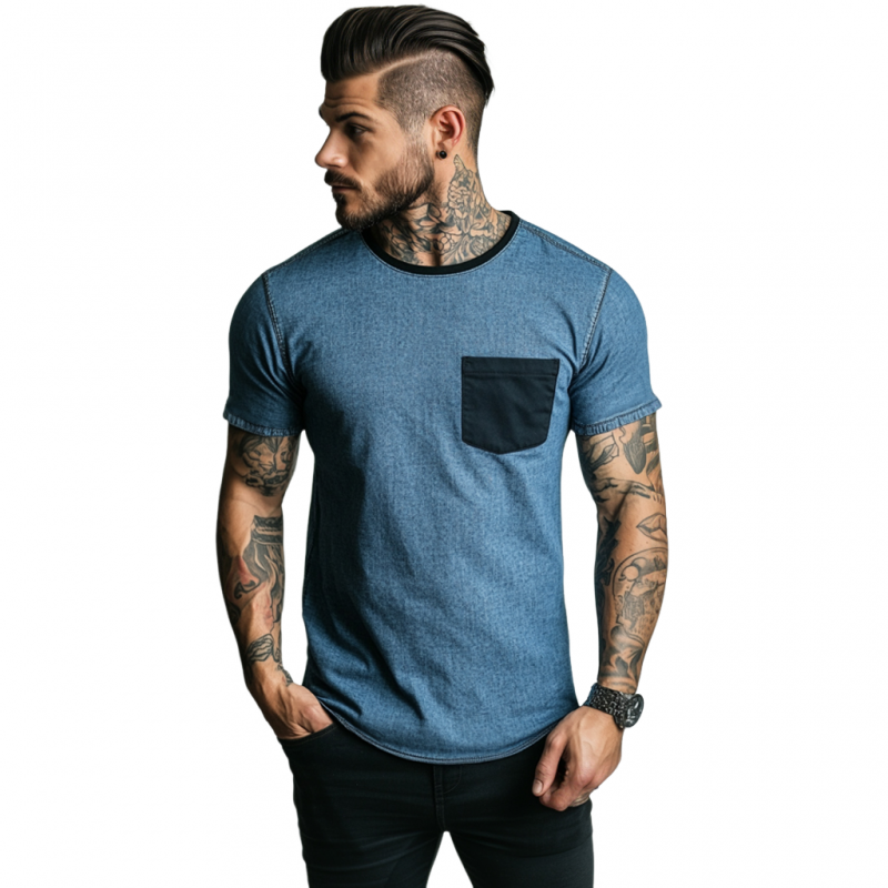 Men's Casual Washed Distressed Round Neck Patch Pocket Slim Fit Contrast Color Denim Short-sleeved T-shirt MTA1538E7M