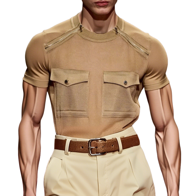 Men's Solid Zip Decor Round Neck Chest Pocket Short Sleeve T-shirt MTA2398F9Z